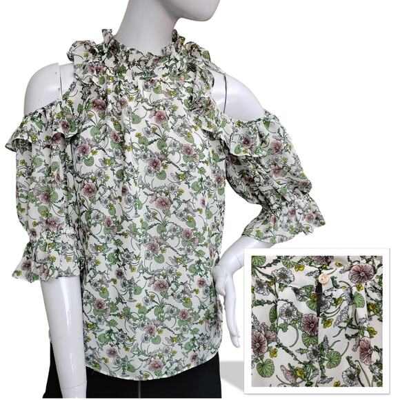 Max Studio Cold Shoulder Ruffle Top Size Medium Wild Flowers Print High Neckline - Picture 1 of 12